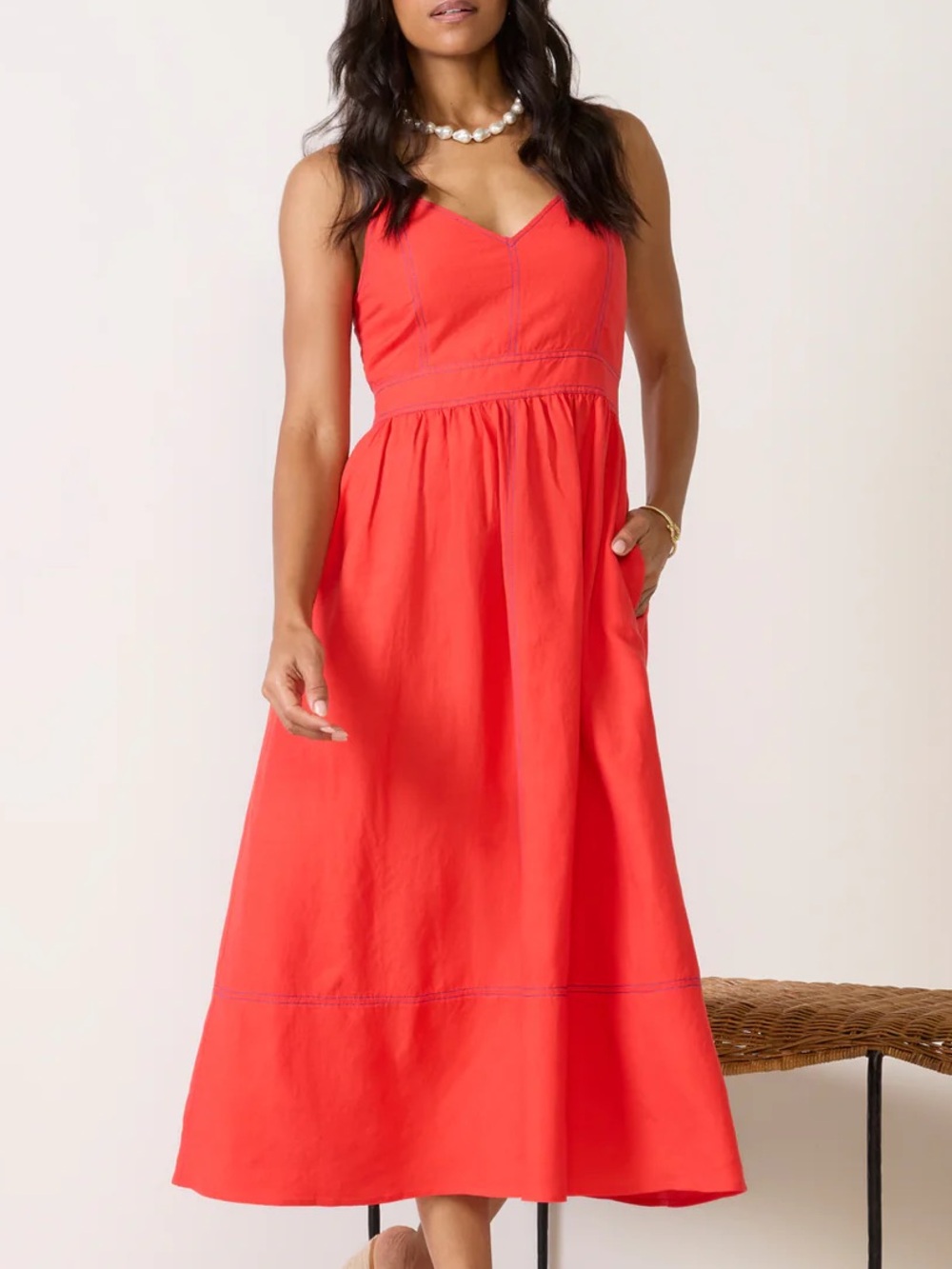 EVEREVE JILL CONTRAST STIRCH LINEN MIDI DRESS RED/BLUE STITCH - L